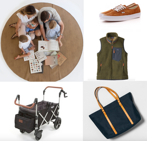 Gift Guide for Moms, vans suede sneaker, gathre playmat, hearth and hand large canvas and leather tote, patagonia women's retro x vest, keenz wagon stroller